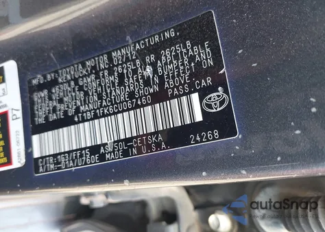 2012 Toyota Camry Se from USA, damaged, VIN 4T1BF1FK6CU067460